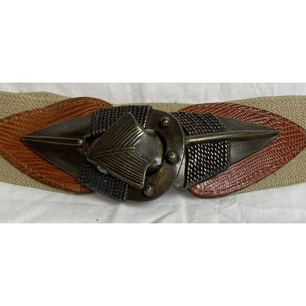 Vtg Omega Arrowhead Stretch Belt Womens Sz L Textured Brass Beige Textile - Picture 3 of 7